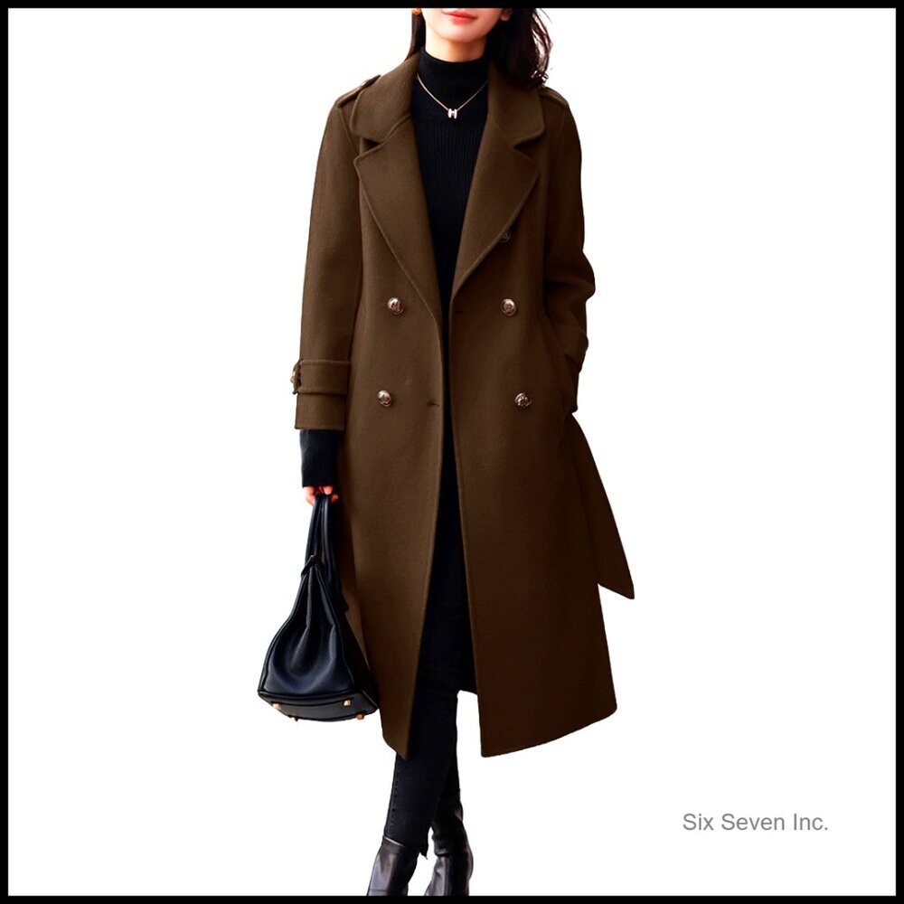 Women's Wool Pea Coat Double Breasted Belted Midi Long Winter Coat